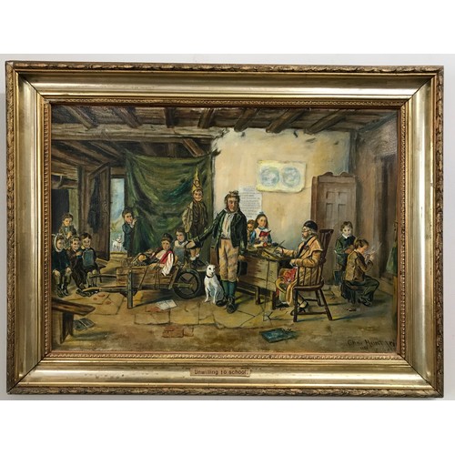 1145 - An oil on board entitled 'Unwilling to school' signed Cha. Hunting 1883 to the lower right image siz... 