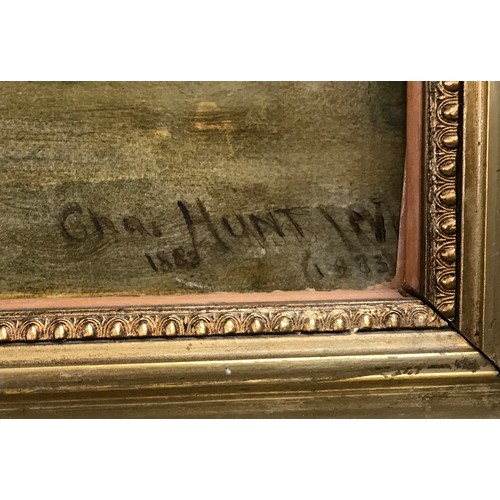 1145 - An oil on board entitled 'Unwilling to school' signed Cha. Hunting 1883 to the lower right image siz... 