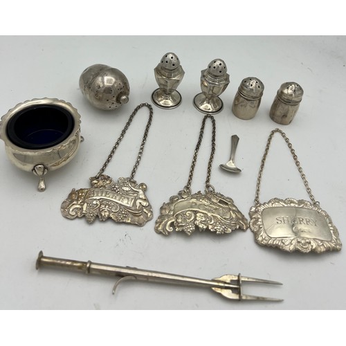 693 - Various silver to include Sherry decanter label Birmingham 1825, Maker Joseph Willmore, salt, pepper... 