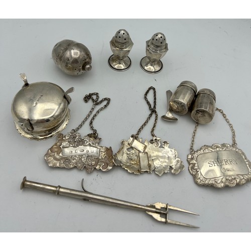 693 - Various silver to include Sherry decanter label Birmingham 1825, Maker Joseph Willmore, salt, pepper... 