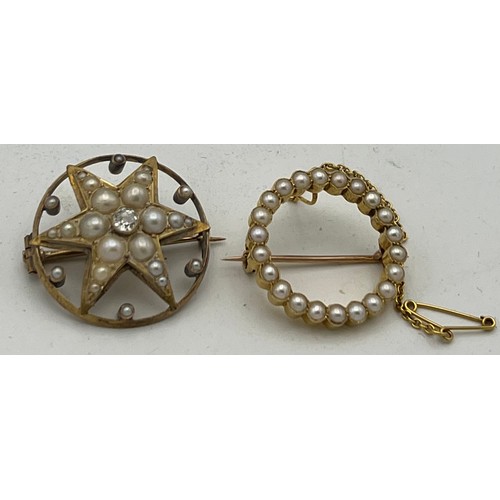 448 - Two brooches, one set with pearls and central diamond and marked 15ct, the other unmarked yellow met... 