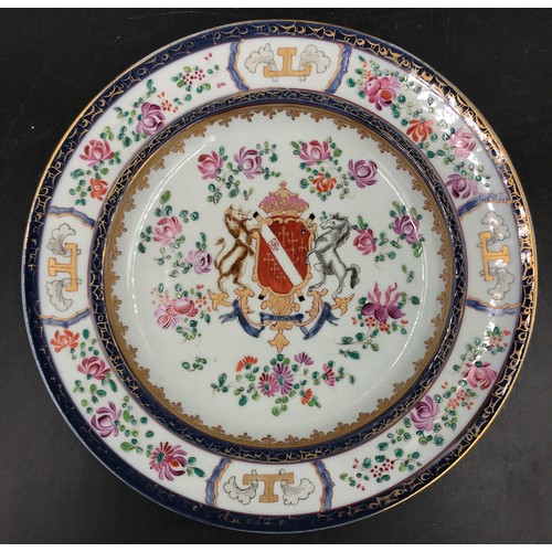 176 - A 19thC Samson armorial plate 24.5 d along with a Churtons V.O.B.G. whiskey flagon 21 h and a decora... 