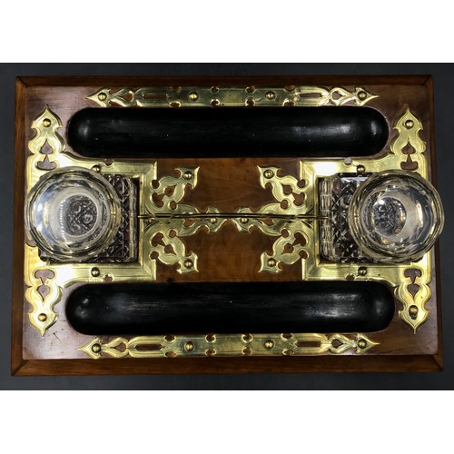 1002 - A Victorian brass-mounted macassar ebony desk folder along with a brass-mounted desktop ink stand.