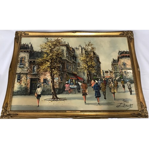 1138 - Large oil on canvas of Paris signed L Bassett to lower right in ornate gold frame 60cm x 90cm.