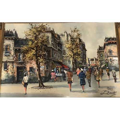 1138 - Large oil on canvas of Paris signed L Bassett to lower right in ornate gold frame 60cm x 90cm.