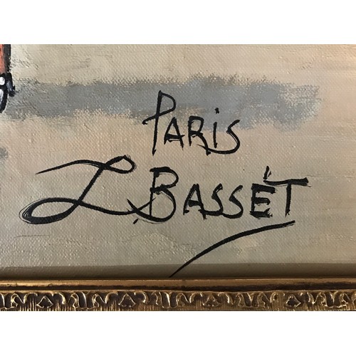 1138 - Large oil on canvas of Paris signed L Bassett to lower right in ornate gold frame 60cm x 90cm.