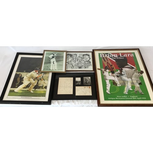 1111 - Cricket memorabilia to include two prints one of Sir Len Hutton and one Brian Lara largest 73cm x 55... 