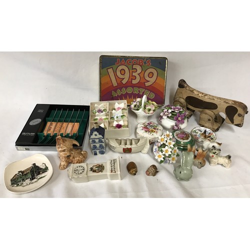 1001 - Jacobs 1939 Assorted Biscuit Tin, wooden pull along dog, box of six Coalport china name holders, pie... 