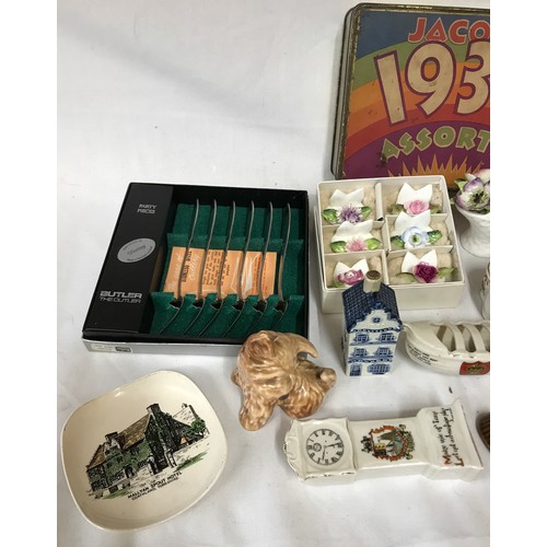 1001 - Jacobs 1939 Assorted Biscuit Tin, wooden pull along dog, box of six Coalport china name holders, pie... 