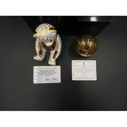 165 - Two Royal Crown Derby special edition paperweights to include: Diamond Jubilee Teddy Bear with gold ... 