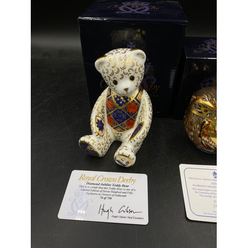 165 - Two Royal Crown Derby special edition paperweights to include: Diamond Jubilee Teddy Bear with gold ... 