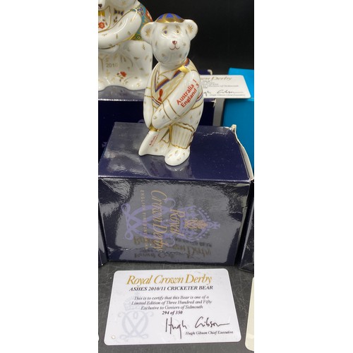 166 - A collection of Royal Crown Derby miniature bears to include: Sachin Tendulkar Bear 294/350 with cer... 