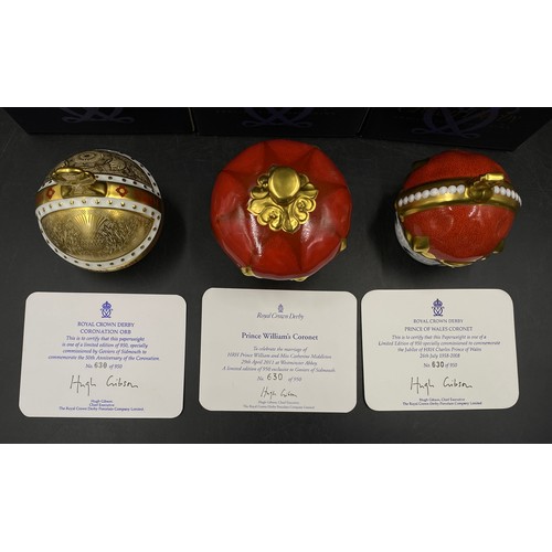 171 - Royal Crown Derby Limited edition paperweights to include: Coronation Orb to commemorate the 50th An... 