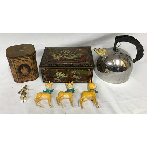 1005 - An assorted collection of items to include a stainless steel kettle, two tins, one Colman's Mustard,... 