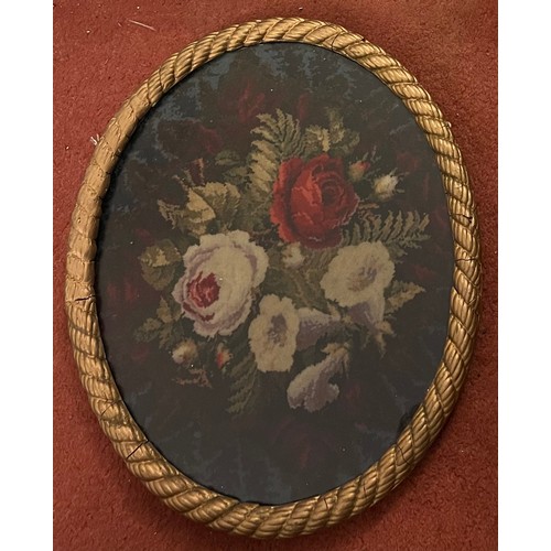 866 - A 19thC floral Crossly carpet mosaic in oval gilt frame 34 x 28cm.