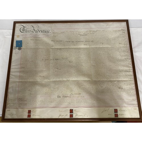 1134 - A framed 19thC indenture including James Edward Elwell cabinet maker of Beverley. Frame 63 x 77cm.