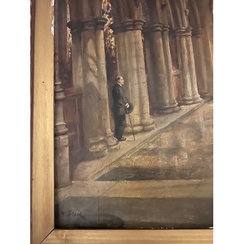 1152 - Oil on board of church interior signed lower left H Sharpe 57 x 46cm including frame, together with ... 