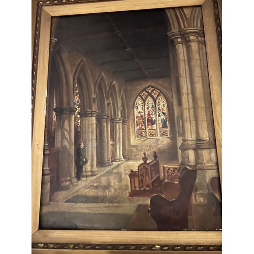 1152 - Oil on board of church interior signed lower left H Sharpe 57 x 46cm including frame, together with ... 