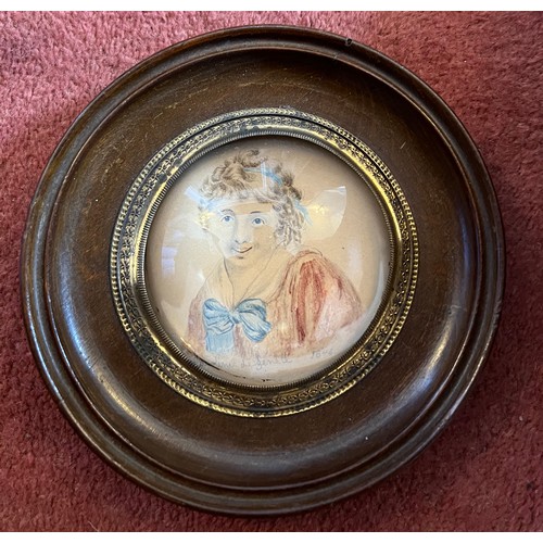 1155 - A 19thC watercolour on card portrait miniature in circular frame 15cm d. Dated 1846.