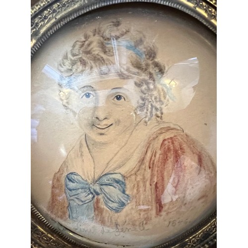 1155 - A 19thC watercolour on card portrait miniature in circular frame 15cm d. Dated 1846.