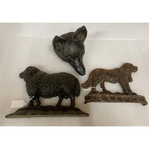 1008 - Three 19thc cast iron door stops in the form of sheep 25.5cm l, x 18cm h, fox's head 14.5cm h x appr... 