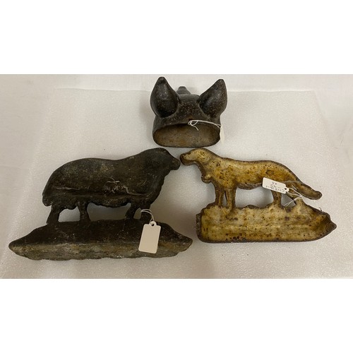 1008 - Three 19thc cast iron door stops in the form of sheep 25.5cm l, x 18cm h, fox's head 14.5cm h x appr... 