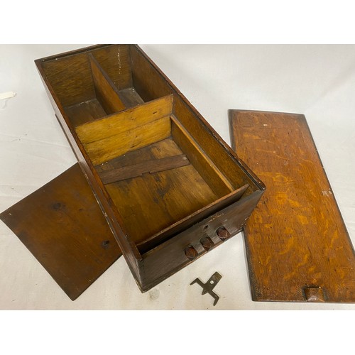 1012 - A 19thC Oak box with internal compartments and novelty locking system 16cm x 50cm x 23cm d, together... 