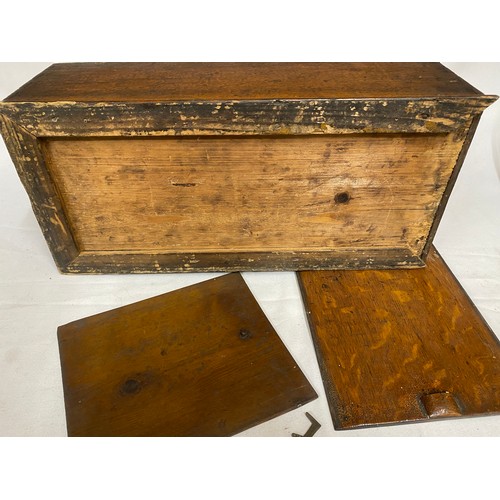 1012 - A 19thC Oak box with internal compartments and novelty locking system 16cm x 50cm x 23cm d, together... 