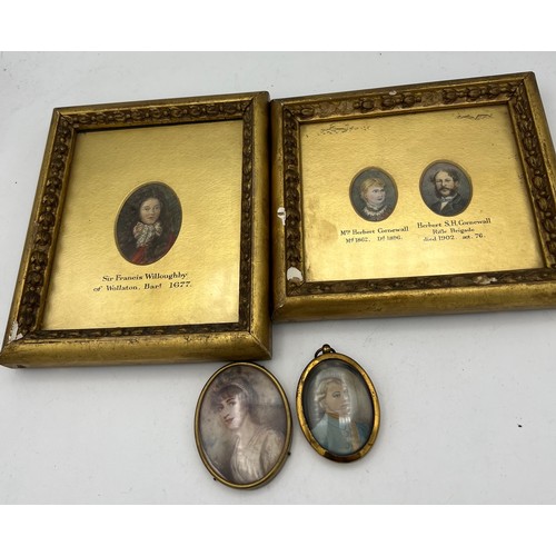 1016 - Portrait miniatures, one oval print, one oval on card and two watercolour copies of original miniatu... 