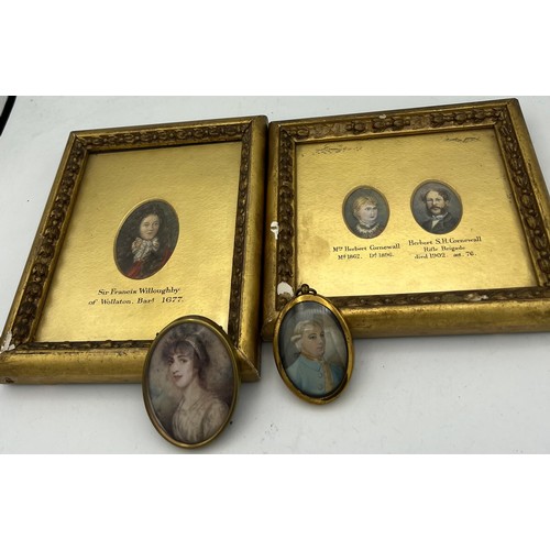 1016 - Portrait miniatures, one oval print, one oval on card and two watercolour copies of original miniatu... 