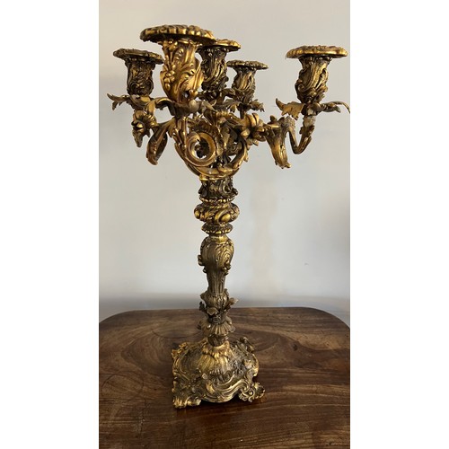 1019 - Fine quality five sconce ormolu candelabra. 57cm h.