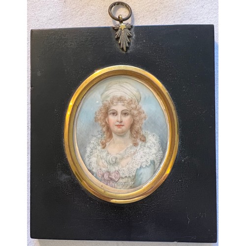 1026 - A portrait miniature on ivory of Mrs Montgomery circa 1800. Frame size 13 x 11cm. Ivory submission r... 