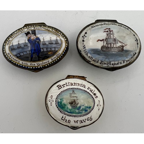 1029 - Three 18thC enamel patch boxes of naval interest to include Britannia Rules the Waves etc.