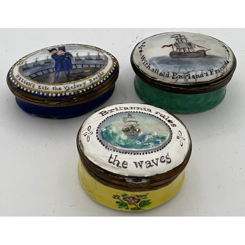 1029 - Three 18thC enamel patch boxes of naval interest to include Britannia Rules the Waves etc.