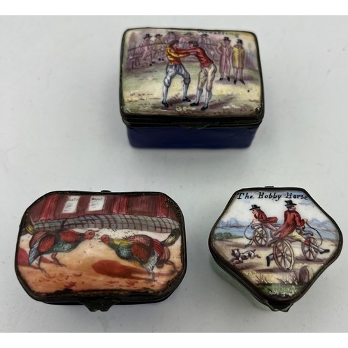 1030 - Three 18thC enamel patch boxes of gentleman's past time, Cock Fighting, Wrestling and The Hobby Hors... 