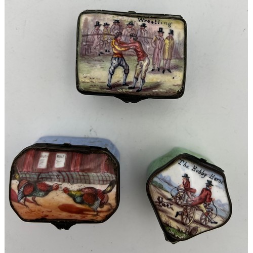 1030 - Three 18thC enamel patch boxes of gentleman's past time, Cock Fighting, Wrestling and The Hobby Hors... 