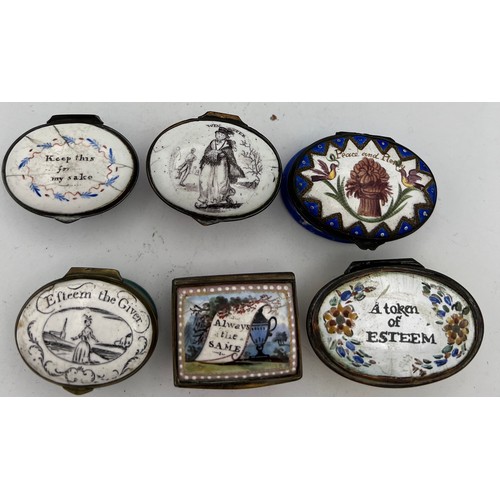 1032 - Six various 18thC enamel patch boxes to include Keep This For My Sake, Peace and Plenty, Winter.