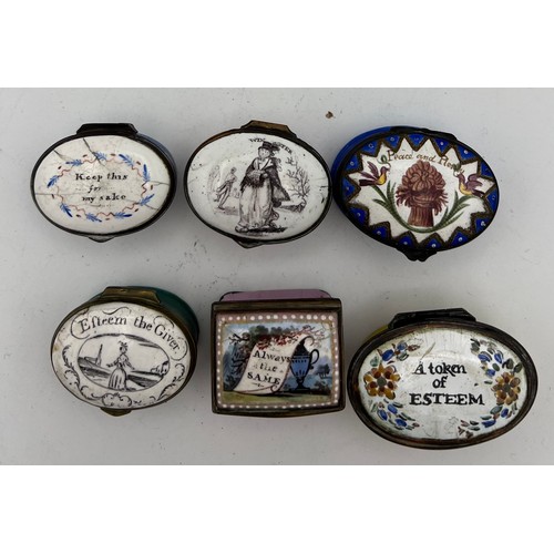 1032 - Six various 18thC enamel patch boxes to include Keep This For My Sake, Peace and Plenty, Winter.