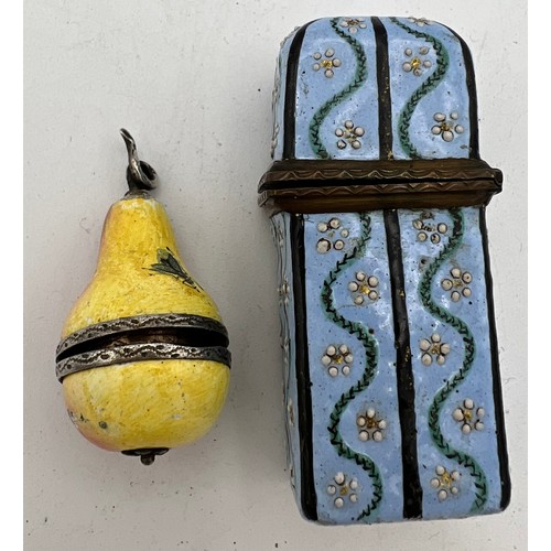 1034 - An 18th and 19thC enamel box containing glass scent bottle, 5.5cm h together with pear shaped enamel... 