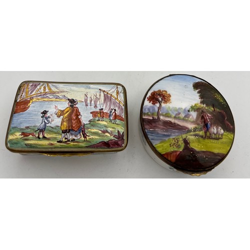 1035 - Two 18/19thC enamel boxes, one with interior decoration. 8 x 5.5cm.