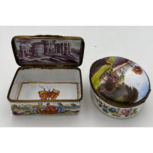 1035 - Two 18/19thC enamel boxes, one with interior decoration. 8 x 5.5cm.