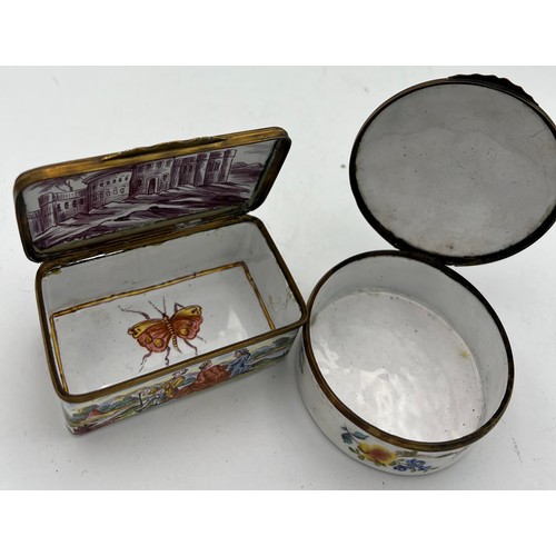 1035 - Two 18/19thC enamel boxes, one with interior decoration. 8 x 5.5cm.