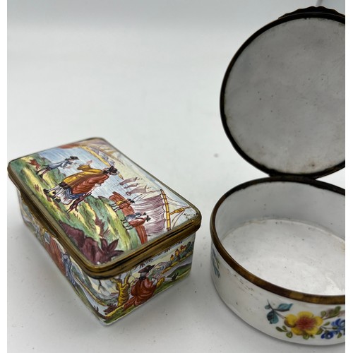 1035 - Two 18/19thC enamel boxes, one with interior decoration. 8 x 5.5cm.