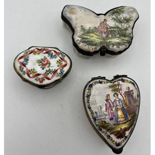 1036 - Three 18thC enamel boxes to include heart and butterfly shapes. One marked Lille 1767.