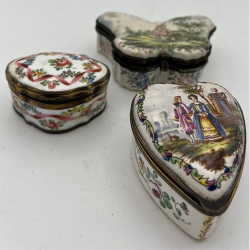 1036 - Three 18thC enamel boxes to include heart and butterfly shapes. One marked Lille 1767.