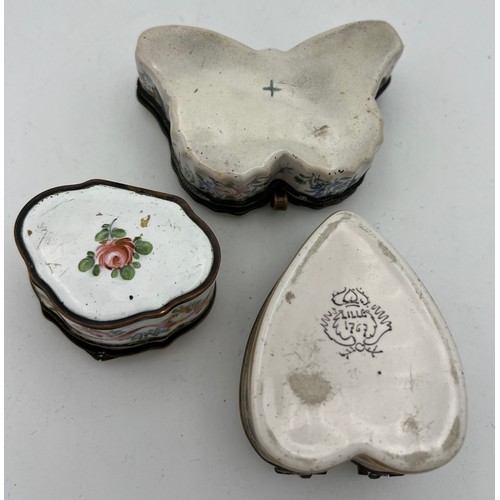 1036 - Three 18thC enamel boxes to include heart and butterfly shapes. One marked Lille 1767.