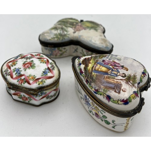 1036 - Three 18thC enamel boxes to include heart and butterfly shapes. One marked Lille 1767.