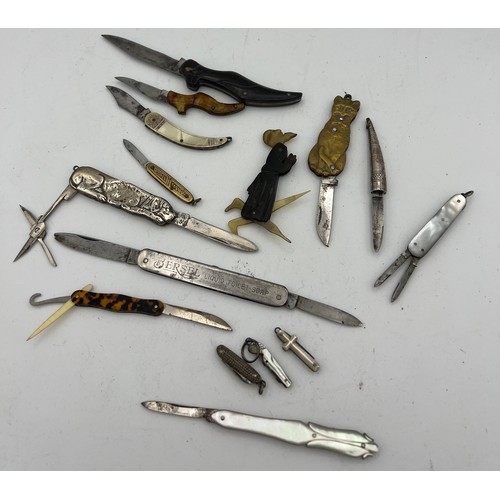 1045 - Fifteen various mainly 19thC penknives to include novelty, miniature and advertising. Depicting dog,... 