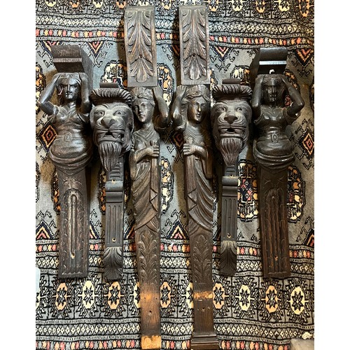 1062 - Three pairs of carved oak caryatids. Largest 78cm l.