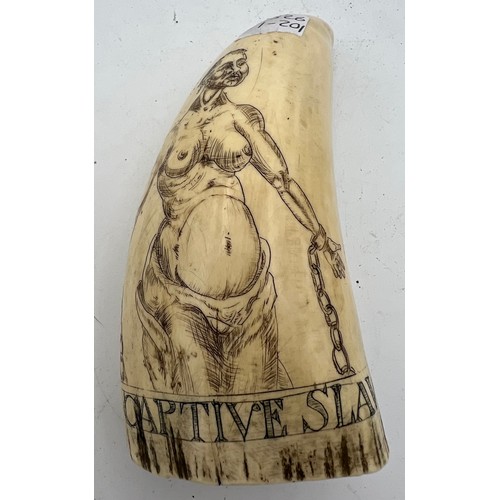 1074 - Mid 19thC scrimshaw whales tooth, finely engraved with Slaver Captain and a Captive Slave. 13cm h.